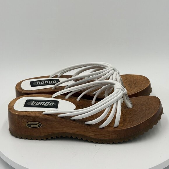 Vintage 90s Y2K Bongo Wood Platform Wedge Heels White Leather Thong Sandals Sz 6 - Picture 2 of 8